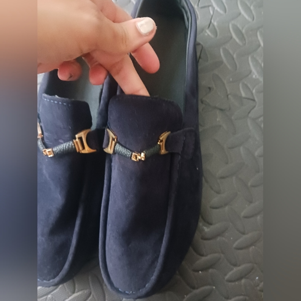 Men Navy Blue Belted Velvet Moccasins Shoes - Picture 3 of 11